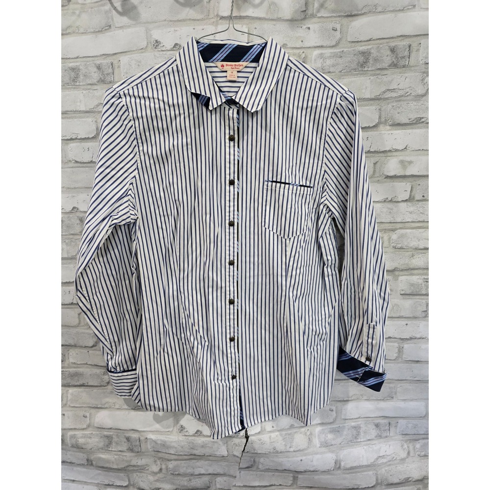 Brooks Brothers Red Fleece Women's Sz 14 Blue White Striped with‎ French Cuffs